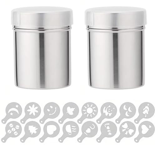 Jimkply - Set di 2 spargicacao in acciaio inox per cappuccino, spargisciacao con 16 stencil, cappuccino in polvere per arrostire casa, caffetterie, ristoranti