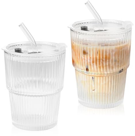 Jognee Glasbecher mit Deckel und Strohhalm, Trinkbecher Luftdicht Wasserdicht Design, Kaffeegläser für Cappuccino, Latte, Tee, EIS, Eistee, Iced Americano, Milch, Saft (400 ML, 2 Stuck)