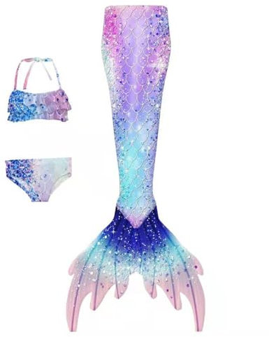 Fish Bikini Meerjungfrauenflosse für Mädchen, Kinder, Jugendliche mit Bikini 3 Stück