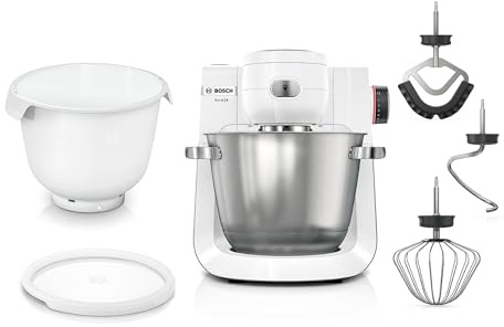 Bosch Küchenmaschine Serie 6, 2 Schüsseln 5,5 l (Edelstahl, Kunststoff), 7 Stufen, Planetenrührwerk, Knethaken/Rühr-/Silikonbesen spülmaschinenfest, weiß, MUMS6EW18