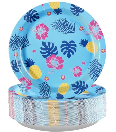 50Pcs Hawaiian Paper Plates 9 Inch Disposable Tropical Luau Blue Cartoon Hibiscus Floral Party Decorations Hawaii Aloha Dessert Themed Plates for Summer Beach Pool Holiday BBQ Birthday Party Supplies