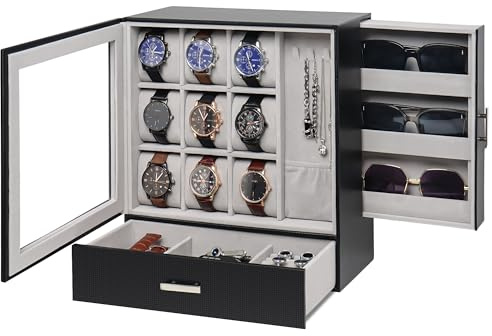 Jenseits 9-Slot Watch Box, Mens Jewelry Box with Glass Lid and Drawer, Leather Watch Organizer for Watches, Sunglasses, Vertical Watch Case Holder for Men Women, Gift Idea