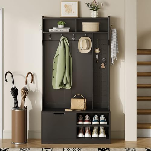 EURHCIO Meuble Entree 40x100x185.5cm,Vestiaire D'entrée,Porte Manteau avec Banc et Rangement Chaussure,6 Crochets,4 étagères Ouvertes,Panneau Perforé,pour D'entrée Couloir (D-Noir)