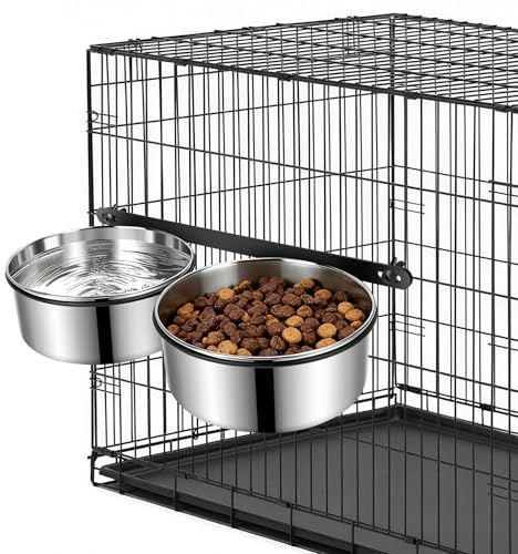 Dog Crate Water Bowls 2Pack, 40oz Stainless Steel Dual Hanging Pet Bowls, Wall-Mounted Dog Food & Water Feeder, Elevated Non-Spill Kennel Bowl Set for Medium & Large Dogs and Cats