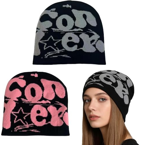 GYIOFAI 2 Pezzi Berretto a Maglia Y2k per Uomini e Donne, Nero Rosa Graphic Beanie Hat Inverno Classico Skull cap di Tendenza Elastico Cappello Slouchy Halloween Bonnet per Sci Viaggi (2 Colori)