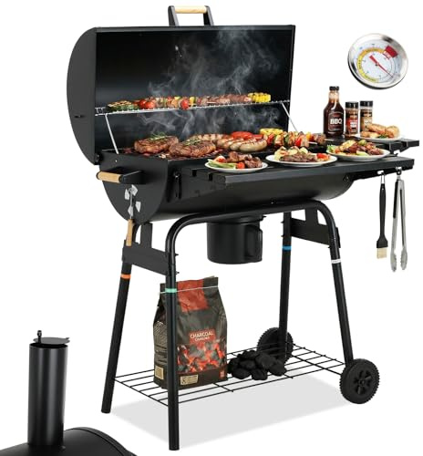 TLSUNNY Barbecue Charbon de Bois, Chariot à Grill avec Couvercle, Cheminée, Thermomètre, Bac à Cendres Amovible, Tablettes Pliables, 2 Roues, BBQ Fumoir pour Jardin, Terrasse et Camping, 6–8 Personen