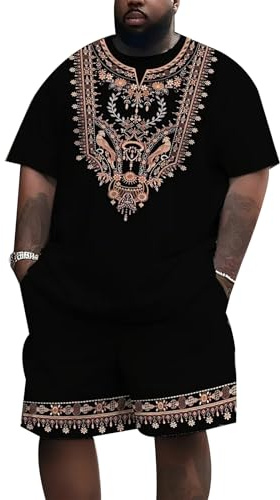 HENDUOOD Ensemble de survêtement d'été africain Dashiki pour homme tenue sportive traditionnelle tribale en kente deux pièces t-shirt + short tenue en Ankara