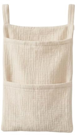 Baby Crib Bedside Storage Bag, Cotton Crib Storage Pocket Hanging Organiser with 2 Pockets for Nappies Diapers Bibs Toys, Nursery Cot Side Organizer (Beige)
