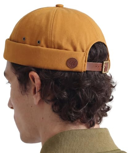 UNDERCONTROL Cappello da Pescatore da Marinaio Senza Visiera Vintage con Polsini arrotolati, Senza Visiera, con Teschio Miki e Cinturino in Pelle, per Uomo e Donna - Made in Korea - (Senape)