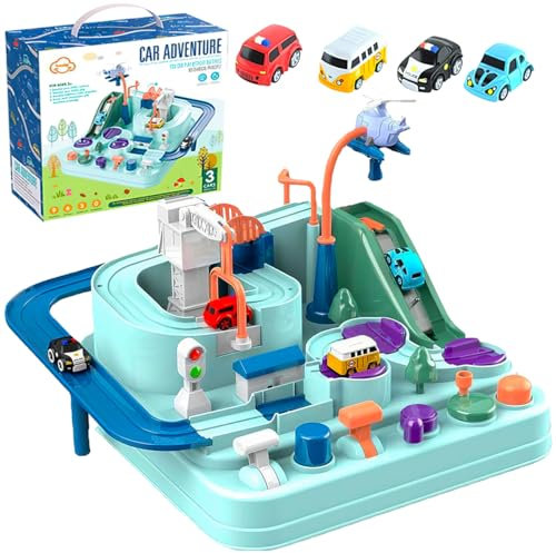 Xwin Kids Garage Playset, 4 Level Multi-Story Car Parking Toy with 4 Cars, Lift Platform, Spiral Ramp, Car Wash and Racing Track for Children Ages 3+ Years