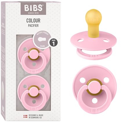 BIBS Colour Dummy, 0-6 Months, 2-Pack, Round Teat, Baby Pink | Natural Rubber Latex | Size 1 | BPA-Free | Made in Denmark | High Teat Acceptance | Airflow Holes | Comfort Shield