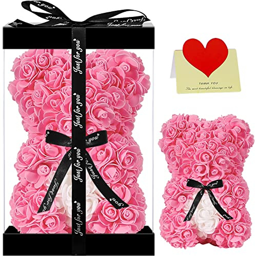 Double Couple Gift for Mom Women-Rose Cute Bear - Rose Adorable Teddy Artificial Bear - Best Gift for Valentines Day, Mothers Day, Anniversary, Birthdays- Clear Gift Box Included!10 Inches Tall