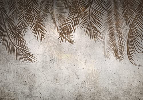 WallArena - Vlies Fototapete Blätter Palmenblätter Federn beige Beton 416x254 cm - Fototapeten - Tapeten - für Wohnzimmer Schlafzimmer - Vliestapete Wandtapete Tapete 3D Effekt- inkl. Kleister