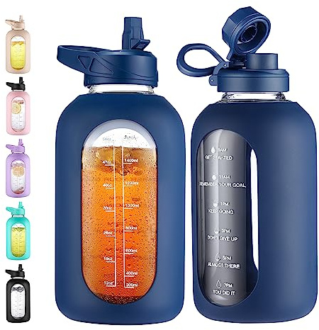 CIVAGO 64 oz Glass Water Bottle Jug with Straw and Handle, Half Gallon Sports Motivational Bottle with Time Marker and 2 Lids, Large Flask Canteen with Silicone Sleeve for Gym, Navy