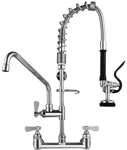 APLWY 25 Height Commercial Faucet Wall Mount with Sprayer 8 Adjustable Center 12 Swing Spout, Wall Mount Kitchen Sink Faucet with Pull Down Pre-Rinse Sprayer for 1/2 Compartment Sink