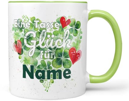 Keramiktasse Kaffeetasse | Spruch | Glückstasse | Tasse Glück mit Wunschname | Geschenkidee für Freunde selbst Gestalten | Glücksbringer Kleeblatt | Lindgrün Keramik 330ml