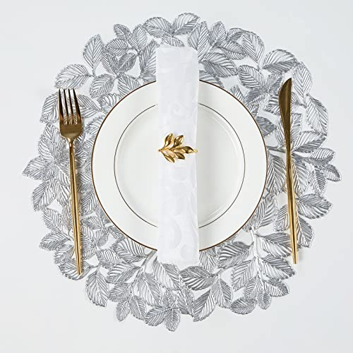 Crisjanggo Silver Placemats Set of 8 Round Leaf Placemats Non-Slip Wipeable Table Mats for Dinner,Party,Home Decoration Wedding Accent Centerpiece