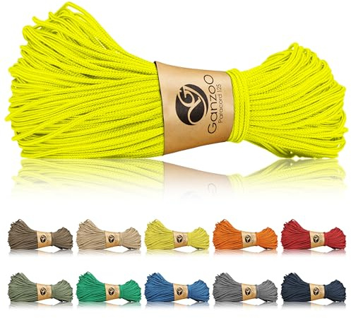 Ganzoo Paracord 125 1 mm, cordino intrecciato nylon e poliestere neongiallo, anima 1 filo nylon, carico rottura ca. 60 kg/125 lb, per nodi compatti, legature, finiture estremità, bricolage e camping