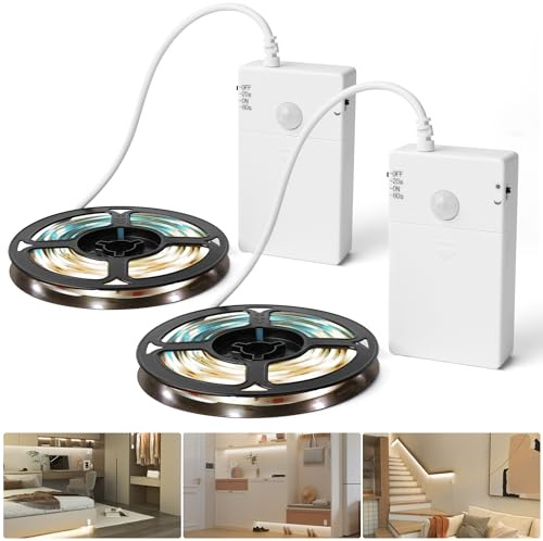 SOAIY 2PCS Tiras de LED 2M Tira de Luz con Detector de Movimiento a Pilas Iluminación de Armarios Tira de LED Luz de Escalera para Cocina Armario Pasillo Escaleras Cama Dormitorio Blanco Cálido