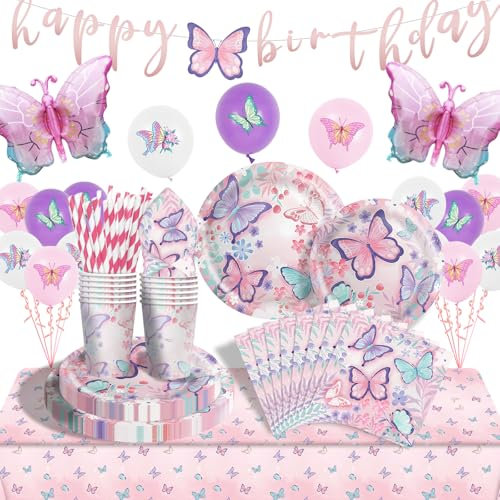 Set de décoration d'anniversaire papillon, Fille Kit Vaisselle Anniversaire de fête,Vaisselle de fête papillon Papillon Decoration Ballon pour Enfant Anniversaire les Fêtes, Mariages, Baby Shower