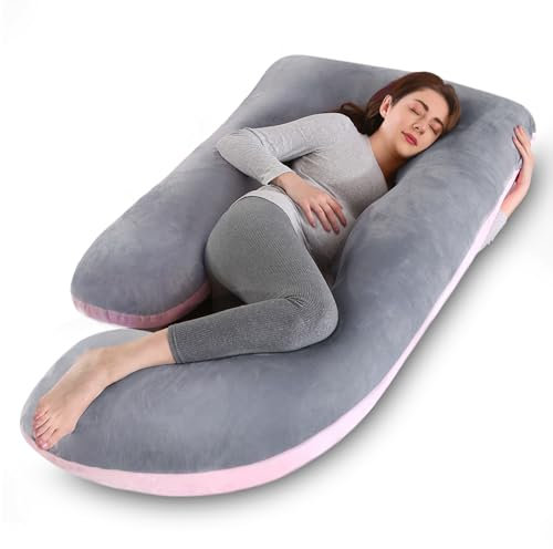 Avmvnvc Schwangerschaftskissen, J-förmiges Ganzkörperkissen, Stillkissen XXL, Extra Großes Seitenschläferkissen zum Schlafen für Schwangere mit Abnehmbarem und Waschbarem (Rosa & Grau, Samt)