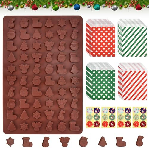 ADERTOS Molde de Silicona para Galletas Navideño, Moldes de Silicona para Chocolate, Cortadores de Galletas de Navidad con 24 Bolsa de Dulces para Hacer Postres, Chocolate, Galletas, Dulces