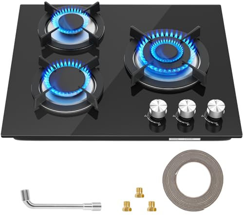 Gas Hob 3 burners, Built in Black Glass Gas Hob with Flame Out Protection,with Cast Iron Supports,NG/LPG Convertible