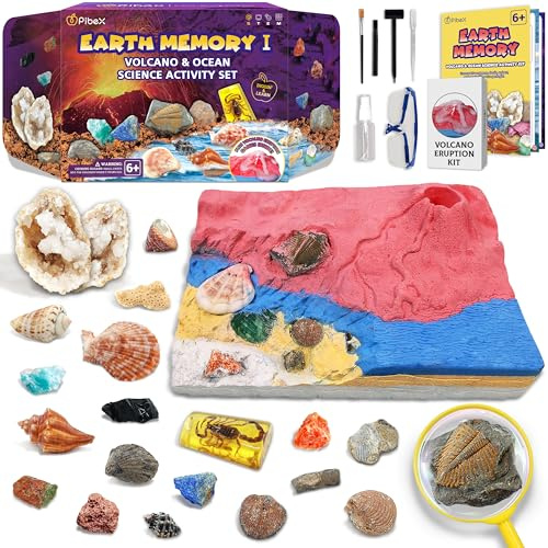 PIBEX Fossilien & Edelsteine Ausgrabungsset mit Vulkanexperiment, 20+ echte Funde (Geode, Muscheln, Meeresschnecken), STEM Geologie & Meeresbiologie, für Kinder 6–12
