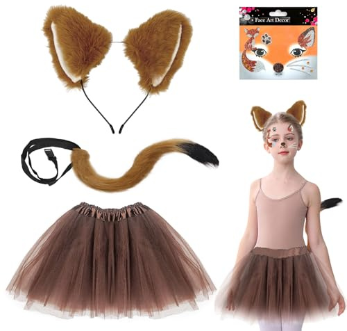 UILYNIU 4 Pièces Déguisement Renard pour Enfants, Bandeau de Oreilles Longue Queue Stickers Tatouage Visage Tutu Jupe, Animal Costumes pour Halloween Carnaval