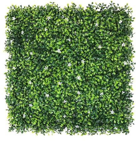Well Home Jardín Vertical Artificial, Panel de Seto 100x100cm, para decoración Interior y Exterior - con Hojas Verdes y Flores Blancas