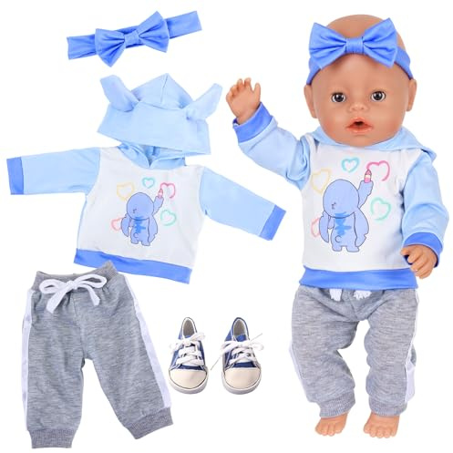 Lot de 4 vêtements de poupée compatibles avec les poupées New Born de 35 à 43 cm, vêtements bleus mignons pour poupées de 14 à 18 pouces avec sweat à capuche, pantalons, chaussures, bandeau, nouveaux