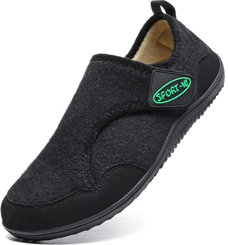 TETSUO Mens Slippers Womens Walking Wide Diabetic Shoes Warm Velvet Lining Soft Barefoot Slippers for Edema Swollen Feet Adjustable House Shoes Non-slip Indoor Outdoor