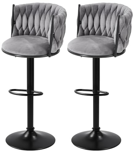 Warmiehomy Set of 2 Bar Stools with Back, Luxury Grey Velvet Swivel Breakfast Tall Bar Chair Stool Modern Barstool Height Adjustable Stools for Kitchen Island, Counter, Dining Room, Pub, Bistro