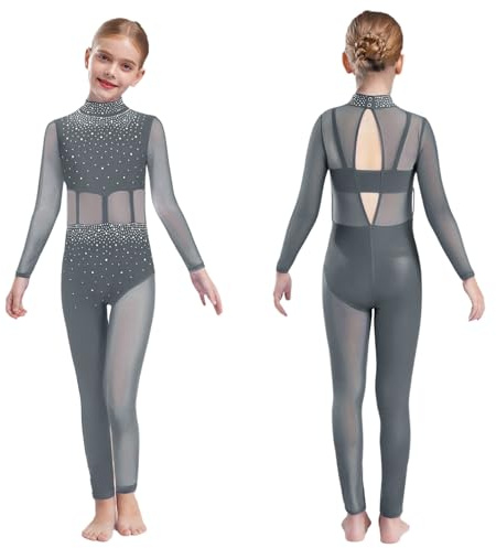 inlzdz Kids Girls Dance Unitard Gymnastics Leotard Full Bodysuit Mesh Rhinestones Figure Skating Jumpsuit Grey 11-12 Years