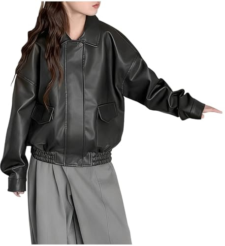 Saxrel Black Girls' Classic Turndown Collared Faux Leather Jacket – Button-Zip Motorcycle Jacket with Pockets Lightweight Waterproof Outerwear for Casual Daily Kids' Streetwear 11 Years