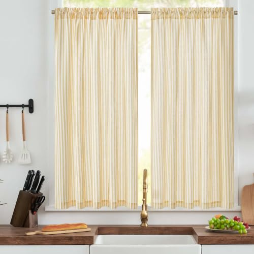 TOPICK Striped Kitchen Curtains, Linen Cafe Curtains, Yellow W50xL54, 2 PCS | Rod Pocket Curtains, Light Filtering Privacy Drapes for Bathroom, Bedroom, Sink, Basement, Caravan, Cupboard, Living Room