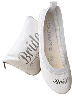 White Bride & Bridesmaid Fold Up Ballet Flats-Foldable Bridal Wedding Party Shoes with Bride Print-Cute Purse unfolds into a Tote Carry Bag(Small Size 5-6)