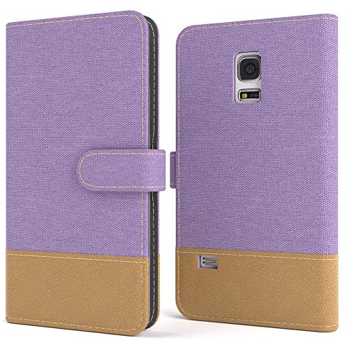 EAZY CASE Tasche kompatibel mit Samsung Galaxy S5 Mini Stoff Schutzhülle mit Standfunktion Klapphülle Bookstyle, Handytasche Handyhülle mit Magnetverschluss und Kartenfach, Kunstleder, Lila
