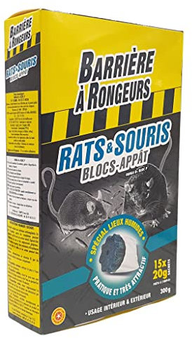 BARRIERE A RONGEURS Blocs-Appât Contre l'invasion des Rats & Souris, Prêt à l'emploi, 15 Blocs, BARASOBLOC300, Noir