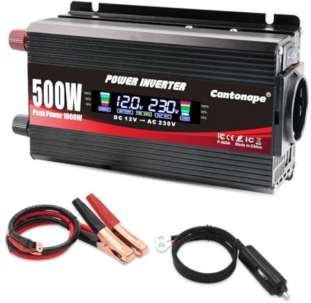 Cantonape 500W/1000W Inversor de Corriente Portatil DC 12V a AC 220V 230V con Pantalla LCD Monitor, 2USB, EU sockets para Coche, Caravana, Barco, cámpin