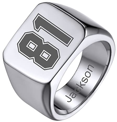 GoldChic Anillos Grande con Numero Deporte Atleta, Anillo Nombres Sello para Hombre Caballero Acero Inoxidable Platino