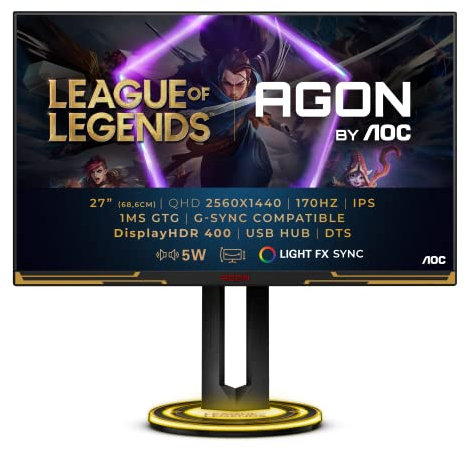 AOC Agon Pro AG275QXL - 27 Zoll QHD Gaming Monitor, 170 Hz, 1 ms, FreeSync, G-Sync Compatible, HDR400 (2560x1440, HDMI, DisplayPort, USB Hub) schwarz/gold