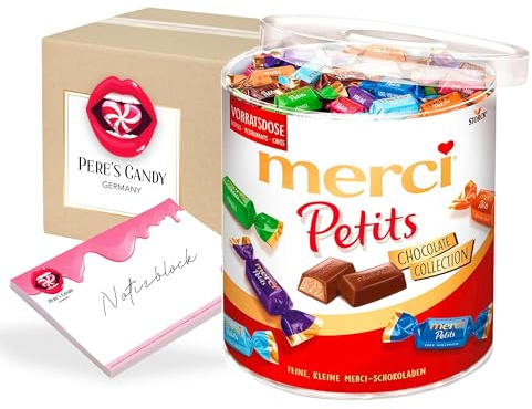 Pere's Candy Bundle für Merci Petits Chocolate Collection 1000g Feine Pralinen in 7 köstlichen Sorten + Pere's Candy Notepad DIN A7-25 Blatt