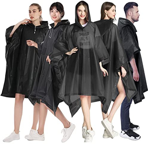YUNLOVXEE Rain Poncho Raincoats for Adults Reusable - 2-5 Pack EVA Waterproof Rain Coat with Hood, Rain Gear for Women Men (Black 5 Pack)