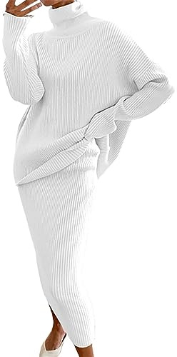 Robe en Tricot Femme 2 Pièces Ensembles Uni Manches Longues Pullover Haut et Jupe Tricoté Pull à Col Roulé Robe Tricotée Combinaisons Aotumne Hiver Midi Robe Chaude