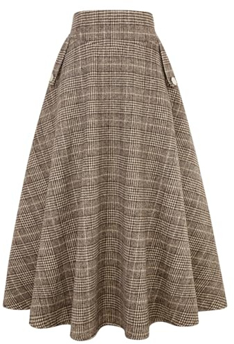 Idealsanxun Lång A-linjeformad damkjol, ylle, rutmönster, hög midja, för höst och vinter, 3XL