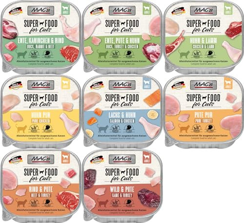 Mac's Cat Mixpaket | 10 x 100g Schalen | mehr als 90% Fleischanteil | Getreidefreies Nassfutter für Katzen | Garantierter 4-Sorten-Mix