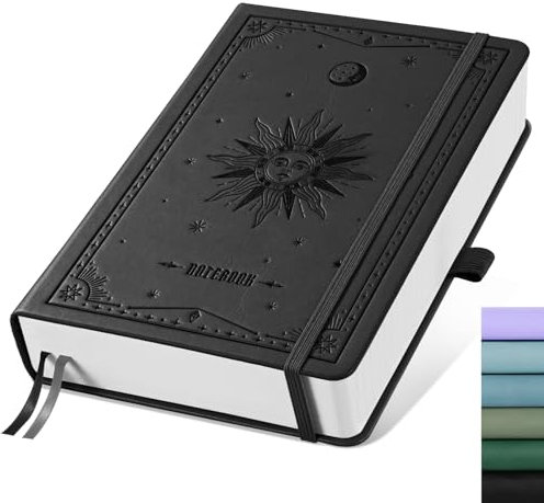 EMSHOI Notizbuch A5 Kariert, Notizblock, Hardcover Leder 320 Seiten mit 1 Innentasche, 100gsm Kariertes Papier, für Frauen Männer Büro Schule Arbeit Tagebuch, 14.5 x 21cm - Schwarz