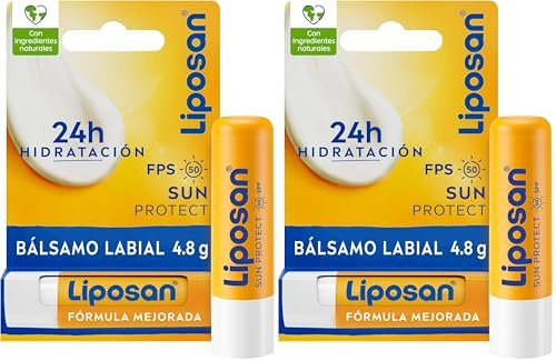 Liposan Sun Protect FPS 50 (1 x 4,8 g), cacao de labios con 24 horas de hidratación, bálsamo labial con protección solar, bálsamo hidratante para unos labios suaves (Paquete de 2)