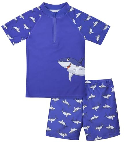 BSBUY Maillot de Bain Enfant Garçons, 2Pcs Ensemble Combinaison Anti UV Enfants, Natation de Requin Shirt et Short de Bain, Costume de Bain Protection Solaire pour Enfant 6 à 9 pour Piscine Plage